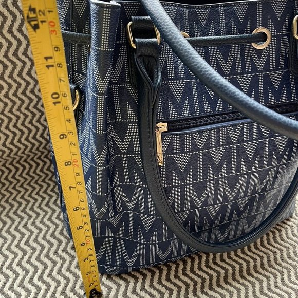 Milan Purse Shoulder Bucket Bag Navy Blue Canvas W/ Monogram White Double Handle - Picture 3 of 8